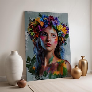 Blumenkrone Frau Leinwand, bunte Porträt Wandkunst, Boho weibliche Malerei Druck, gerahmtes künstlerisches Dekor, lebendiges expressionistisches Kunstwerk