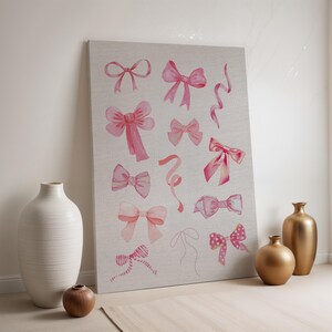 Lienzo decorativo con lazo rosa, póster con ilustración de lazo, decoración enmarcada para habitación femenina, impresión de regalo femenina, ilustración de pajarita en acuarela