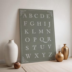 Lienzo decorativo con letras del alfabeto, impresión de letras neutras, póster tipográfico vintage, decoración infantil enmarcada, arte educativo de la A a la Z, tabla ABC beige