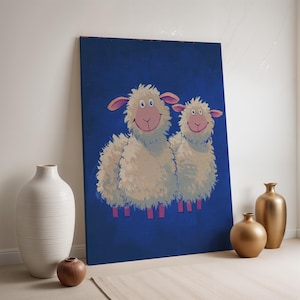 Cute Sheep Canvas Wall Art, Whimsical Animal Print, Framed Nursery or Kids Room Decor, Funny Farm Animal Poster for Playful Home Style