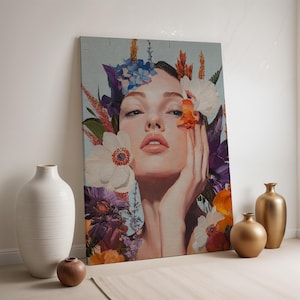 Floral Woman Portrait Canvas, Realistic Face Wall Art, Framed Botanical Beauty Print, Feminine Modern Decor, Colorful Flower Head Poster