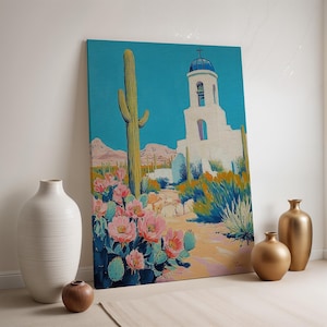 Südwesten Wüstenkirche Leinwand Wandkunst, Kaktus Blume Landschaft Druck, Buntes Western Dekor, Religiöses Malerisches Kunstwerk für Zuhause