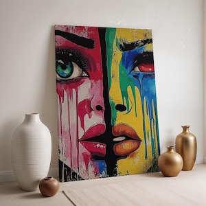 Lienzo con rostro abstracto colorido, impresión pop art con pintura goteando, decoración de pared enmarcada con un toque emocional, póster expresionista moderno y audaz para el hogar.