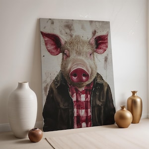Pig in Plaid Shirt Canvas, Surreal Animal Portrait Art, Framed Farmhouse Wall Decor, Rustic Whimsy Gift for Animal Lovers and Art Fans
