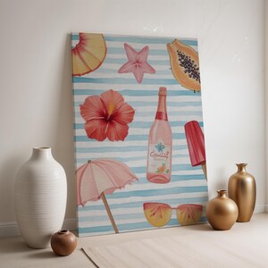 Lienzo de verano tropical, decoración de pared pop art playero, impresión de cóctel rosa, póster de vacaciones enmarcado, obra de arte con sombrilla de frutas divertida, temática oceánica