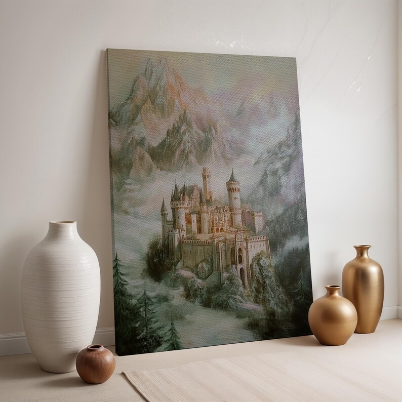 Fantasy Castle Canvas, Misty Mountain Fortress Wall Art, Fairytale ...