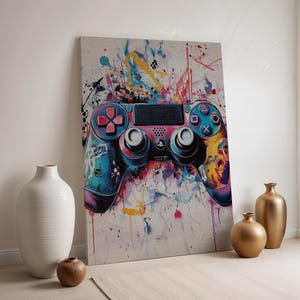 Colorful Game Controller Canvas, Graffiti Style Gamer Wall Art, Framed Modern Gaming Poster, Cool Gift for Teen Room or Game Room Decor