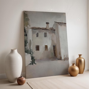 Rustic House Canvas, Mediterranean Wall Art, Old Stone Building Print, Framed Architecture Decor, Vintage Beige Painting, Village Home Art