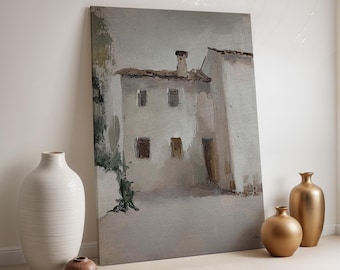 Rustic House Canvas, Mediterranean Wall Art, Old Stone Building Print, Framed Architecture Decor, Vintage Beige Painting, Village Home Art