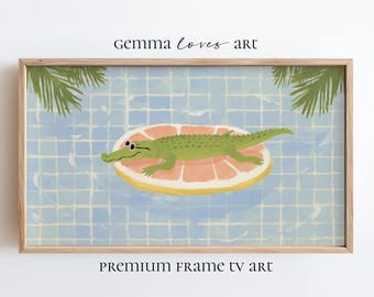 Alligator cadre TV Art, agrumes d'été au bord de la piscine, art mural ludique de chambre d'enfants, téléchargement numérique Samsung PNG P22