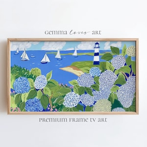 Marco de faro con hortensias para TV: Decoración de cabaña costera (Descarga digital)