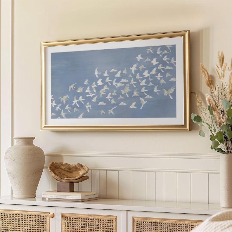 Elegant Blue and White Bird Print Wall Art, Serene Nature Inspired Living Room Decor, Framed Bird Artwork, Peaceful Home Decoration
