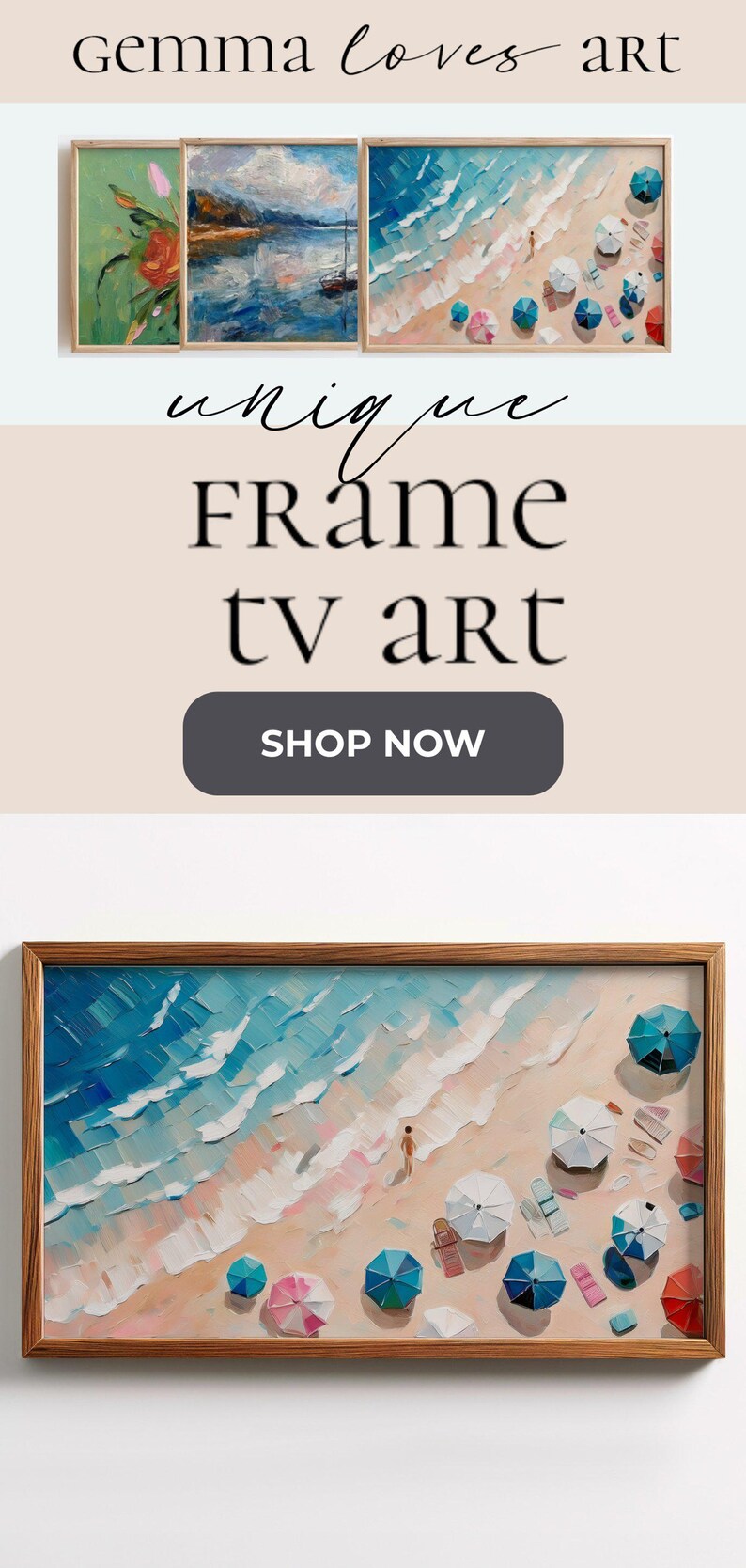 Colorful Beach Scene Painting, Coastal Wall Art, Abstract Ocean View, Modern Home Decor, Large Canvas Print, Framed Artwork
