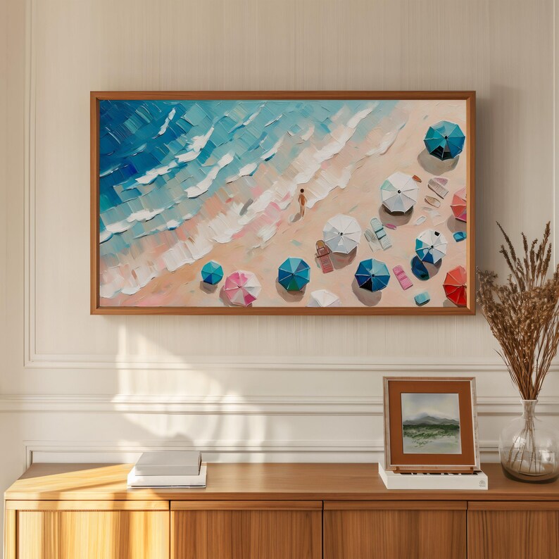 Large Beach Scene Wall Art, Colorful Umbrellas, Ocean Painting, Coastal Decor, Modern Seascape Canvas Print