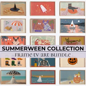 Op de afbeelding: Een verzameling ingelijste kunstprints met een Summerween-thema. De prints bevatten grillige illustraties van Halloween- en zomerelementen, waaronder een heksenhoed, een spook, een kat en een pompoen.