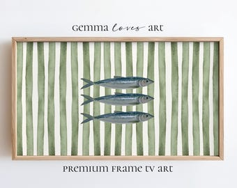 Cadre sardines pour télévision : décoration côtière nautique à rayures vertes (téléchargement numérique)