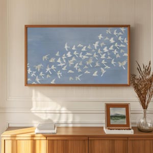 Large Blue Wall Art Canvas, Serene Birds Flying, Peaceful Sky Nature Decor, Minimalist Home Interior Design