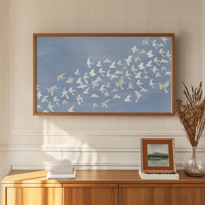 Large Blue Wall Art Canvas, Serene Birds Flying, Peaceful Sky Nature Decor, Minimalist Home Interior Design