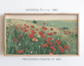 Grafika na telewizor w ramce „Poppy Field”, miękka wiosenna dekoracja Cottagecore, grafika krajobrazowa do salonu, pobieranie cyfrowe Samsung PNG P83