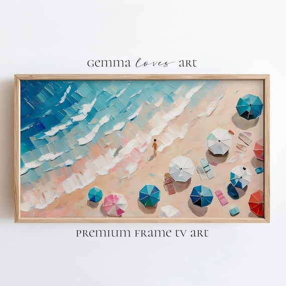 Beach Umbrellas Frame TV Art: Coastal Seaside Painting (Digital Download)