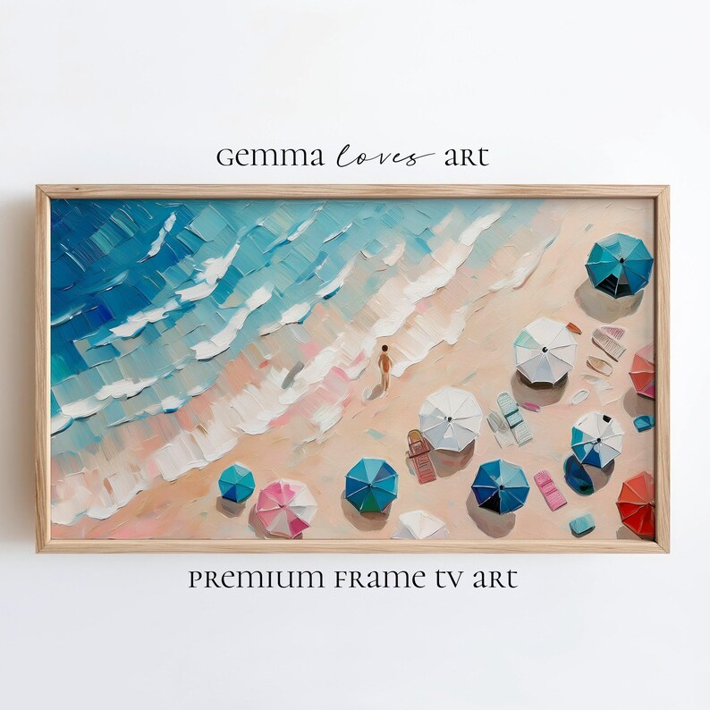 Beach Scene Painting, Colorful Umbrellas, Ocean Artwork, Wall Decor, Framed Canvas, Large Wall Art, Gemma Loves Art, Coastal Decor, Summer