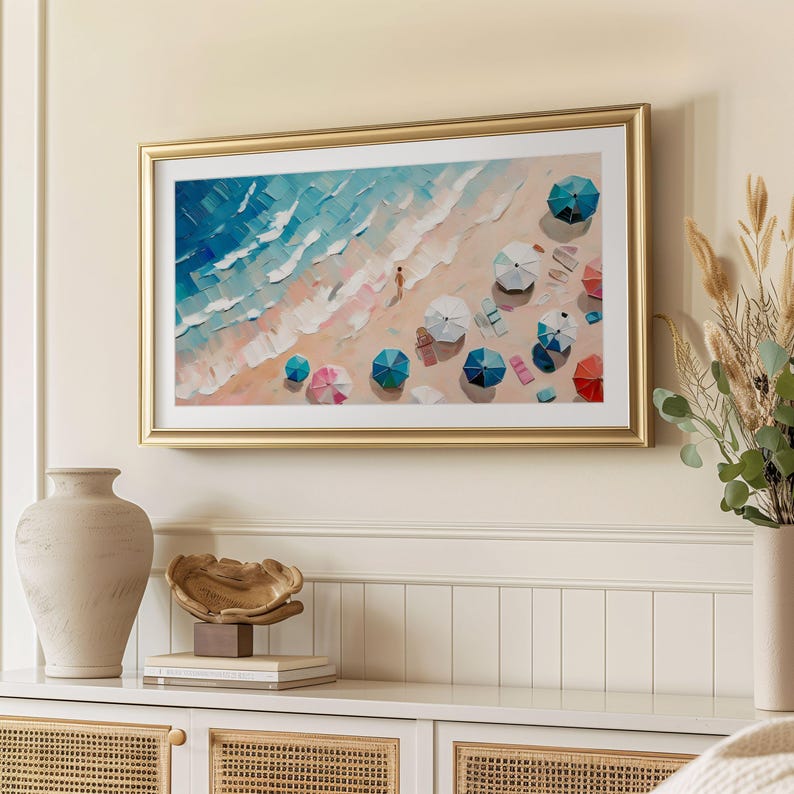 Colorful Beach Scene Wall Art, Abstract Ocean Print, Coastal Decor, Framed Aerial Beach Photography