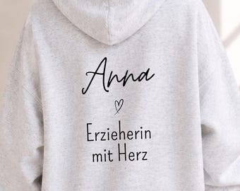 Personalisiertes Abschiedsgeschenk für Erzieherin Dankeschön Hoodie mit Namen Kita Abschied Beste Erzieherin mit Herz Kindergarten