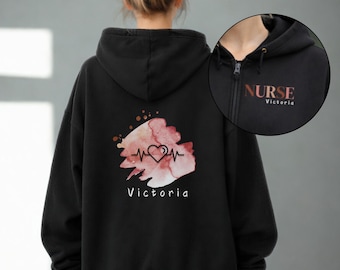 Nurse Zip Hoodie mit Namen – Pflege Hoodie mit Herzschlag | Geschenk für Nurses