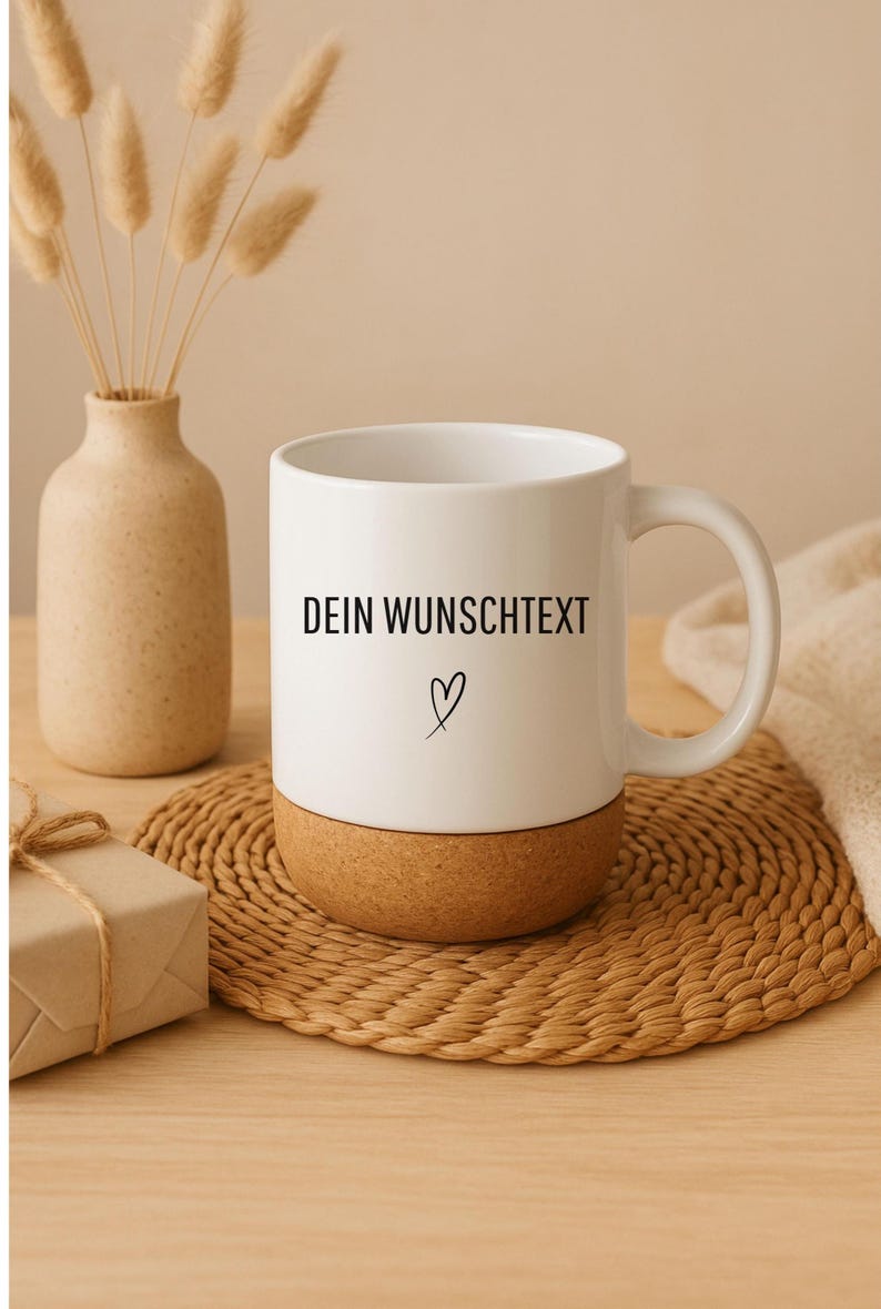 May include: White ceramic mug with a cork base, featuring the text "DEIN WUNSCHTEXT" and a heart symbol. The mug sits on a woven coaster, with a vase of dried flowers and a wrapped gift in the background.