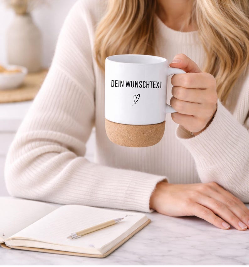 May include: White ceramic mug with a cork base, featuring the text "DEIN WUNSCHTEXT" and a heart symbol. The mug has a handle and is held by a person. A notebook and pen are in the foreground.