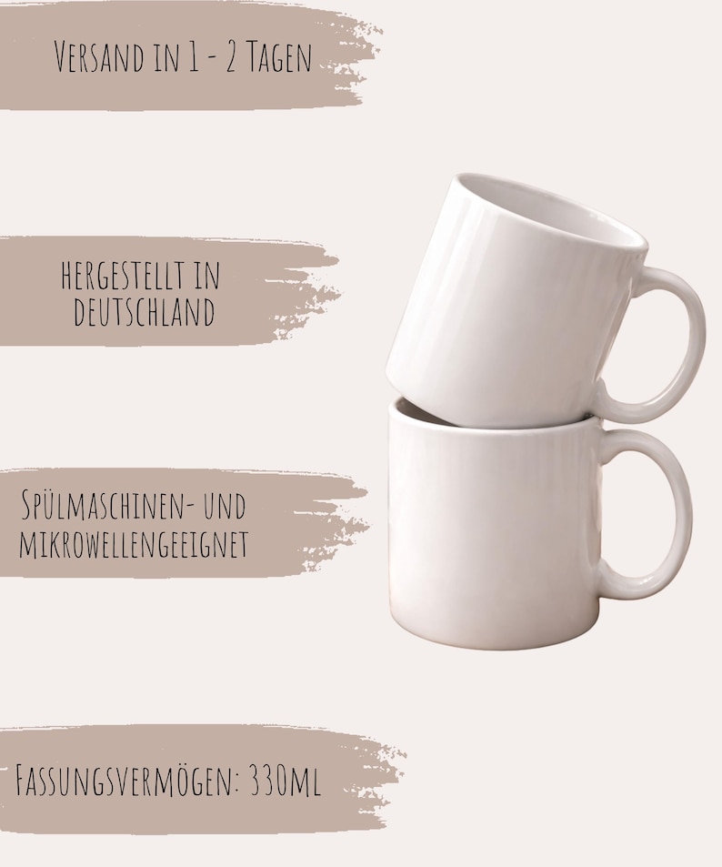 May include: Two white ceramic mugs stacked on top of each other. Each mug has a curved handle and a cylindrical body. The capacity of each mug is 330ml.