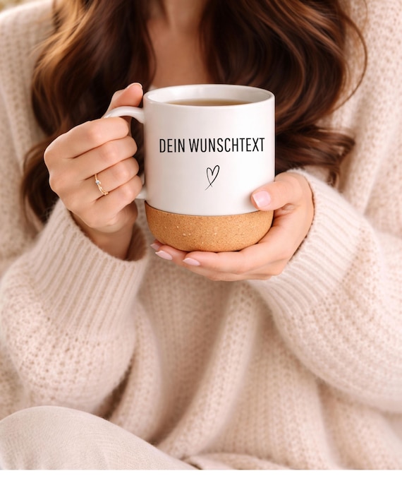 Personalisierte Tasse Korkboden & Deckel Individuell mit Wunschtext bedruckt Geschenkidee für Männer + Frauen Keramiktasse 300 ml Boho Stil