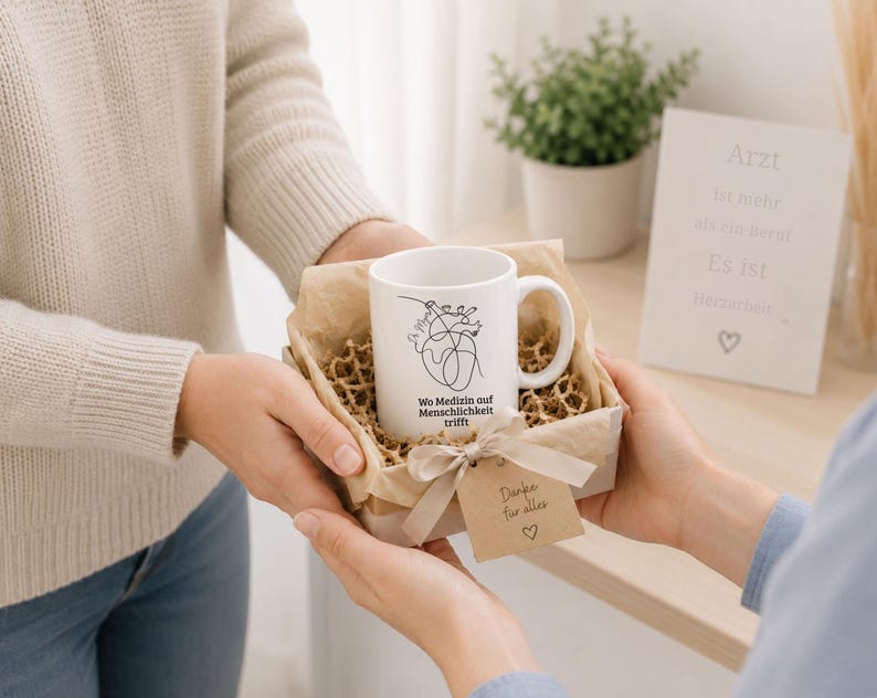 May include: A white ceramic mug with a black line drawing of a heart and the text "Wo Medizin auf Menschlichkeit trifft" is presented in a gift box. A small tag with a heart and the words "Danke f&uuml;r alles" is attached.