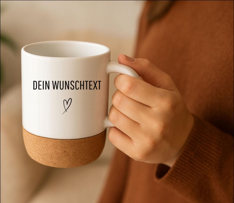 May include: White ceramic mug with a cork base, featuring the text "DEIN WUNSCHTEXT" and a heart symbol. The mug has a curved handle and is held by a person wearing a brown sweater.