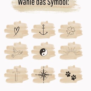 May include: A digital art print featuring nine different symbols: a heart, anchor, four-leaf clover, dove, yin-yang, sunburst, cross, compass, and paw prints. The text "W&auml;hle das Symbol:" is at the top. Each symbol is on a beige watercolor-style background.