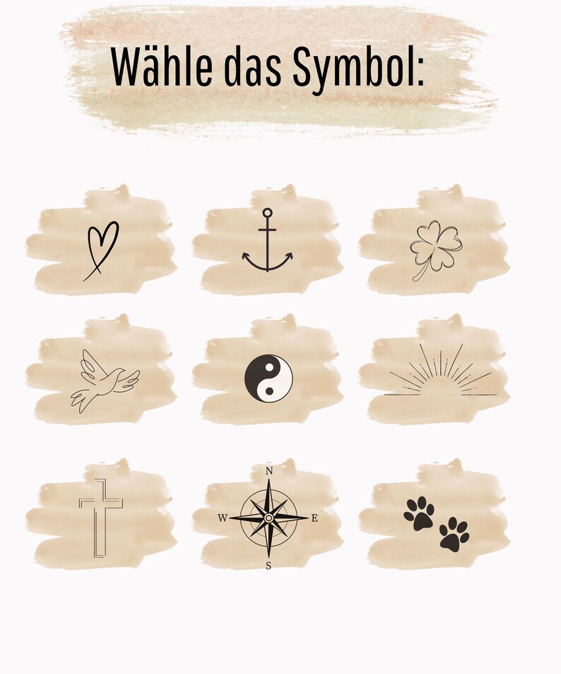 May include: A digital art print featuring nine different symbols: a heart, anchor, four-leaf clover, dove, yin-yang, sunburst, cross, compass, and paw prints. The text "W&auml;hle das Symbol:" is at the top. Each symbol is on a beige watercolor-style background.