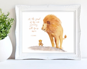 Lámina artística del león de acuarela de Aslan - Decoración infantil de Narnia, cita de C. S. Lewis