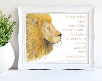 Lámina artística de acuarela del león Aslan – Decoración de pared con cita de Narnia