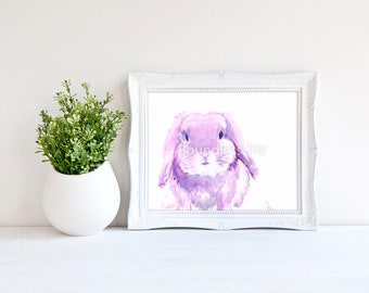 May include: Watercolor painting of a pink bunny rabbit with floppy ears. The bunny is looking directly at the viewer.