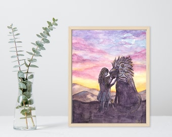 Lámina artística de Las Crónicas de Narnia - Pintura de Aslan, Arte mural de C.S. Lewis, Pintura infantil de Narnia, Arte de El león, la bruja y el armario