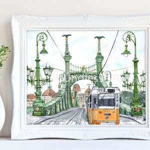 Budapest Hungary Liberty Bridge Art Print - Handmade Souvenir, Travel Gift Art Print, Streets of Budapest Watercolor, City Trams