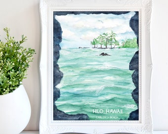 May include: Watercolor painting of a tropical beach scene with a view of the ocean from a cave. The painting features a small island with trees and rocks, and the ocean is a vibrant blue-green color. The text "HILO, HAWAII CARLSMITH BEACH" is written at the bottom of the painting.