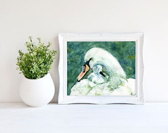 Stampa artistica ad acquerello di cigno e bambino – Decorazione da parete per la cameretta dei bambini