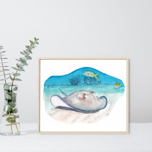 Stingray Art Print Grand Cayman Wall Art, Stingray Watercolor Painting, Beach Art Print, Cayman Islands Art image 1