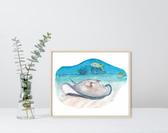 Stingray Art Print - Grand Cayman Wall Art, Stingray Aquarel schilderij, Beach Art Print, Cayman Islands Art