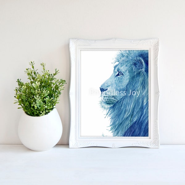 Printable Blue Watercolor Lion Art Print - Digital Download Aslan Painting, Chronicles of Narnia Art, Safari Nursery Art