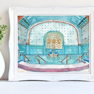 Aquarel thermische baden gellért Boedapest - muurkunst Hongarije, bezienswaardigheid Boedapest, hotel Gellért, souvenir Boedapest, Danubius