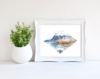 Lofoten Watercolor Art Print - Mountain Painting, Minimalist Art, Norwegian Watercolor Painting, Mountain Village Art