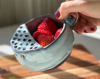 Ceramic Berry Bowl with Handle | Blue Pottery Fruit Strainer | Handmade Strawberry Colander