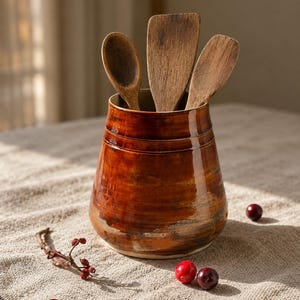 May include: A glossy, amber-brown ceramic utensil holder with a tapered shape and horizontal ridges, containing three wooden kitchen utensils. The holder features a mottled, earthy glaze with darker brown and lighter tan tones throughout.